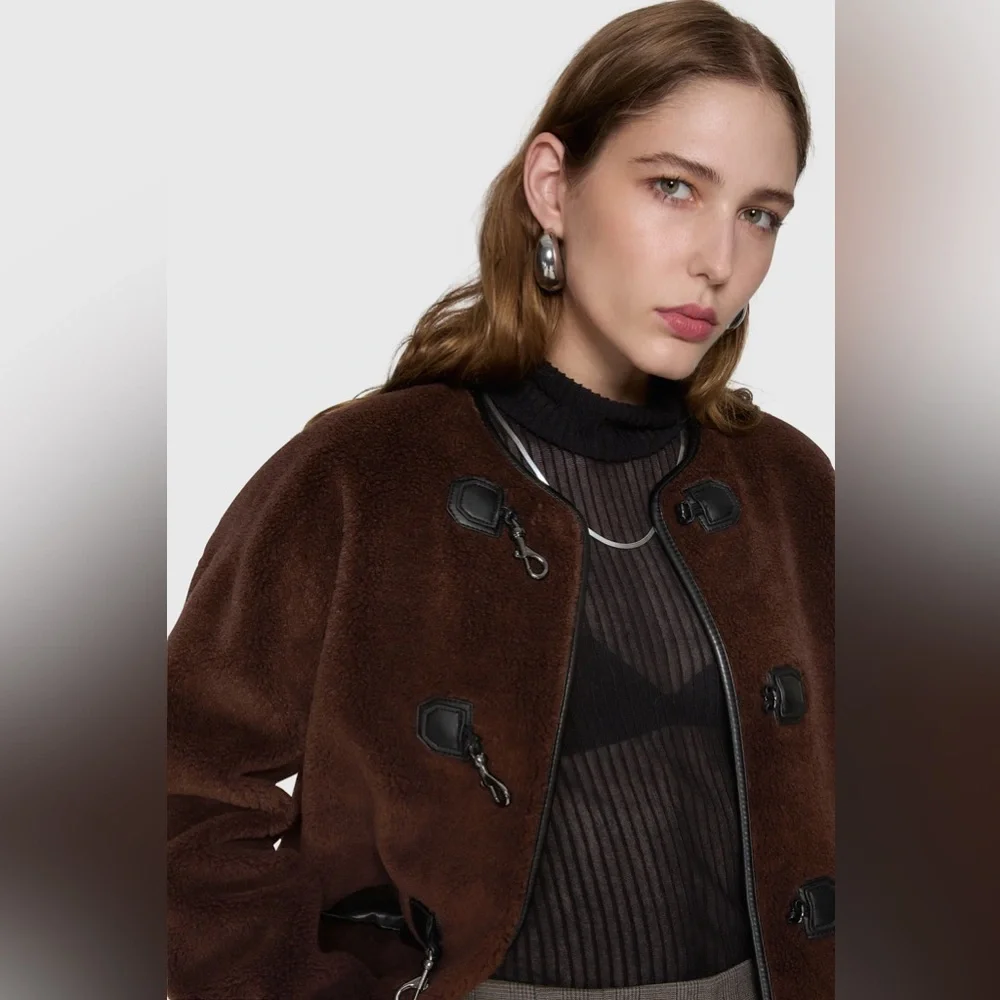 REBECCA MINKOFF Chocolate Shearling Toggle Jacket Coat - Picture 3 of 4
